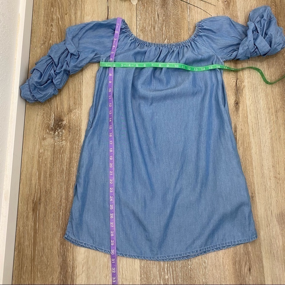 Zara Ruffle Sleeve Chambray Denim Off Shoulder Dress - Picture 10 of 16
